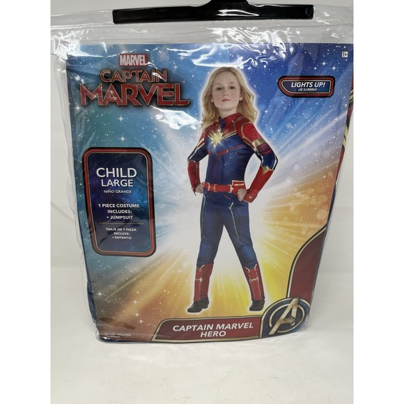 Captain Marvel Hero Halloween Costume Girls Large 12-14, Jumpsuit, Light Up Star - Picture 1 of 8